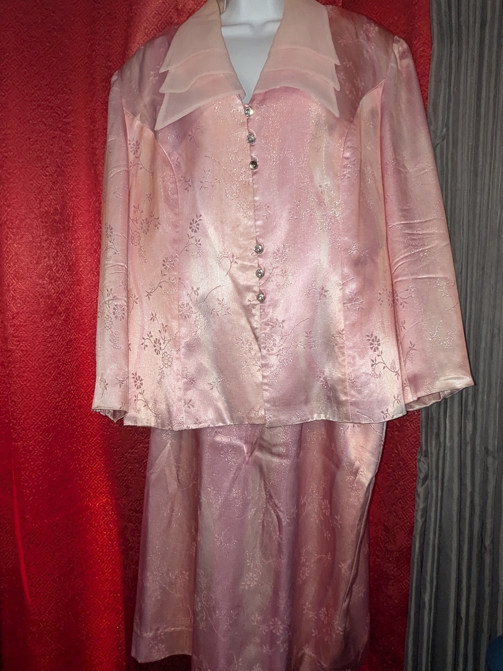 Vintage Pink Satin Two-Piece Set with Sheer Collar